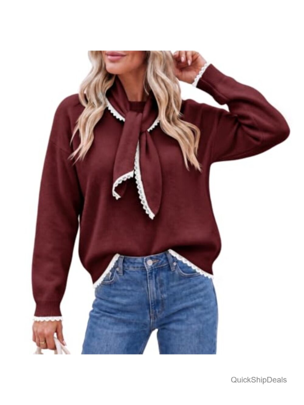 Saodimallsu Long Sleeve Sweater Top Scarf Collar Lace Trim Pullover